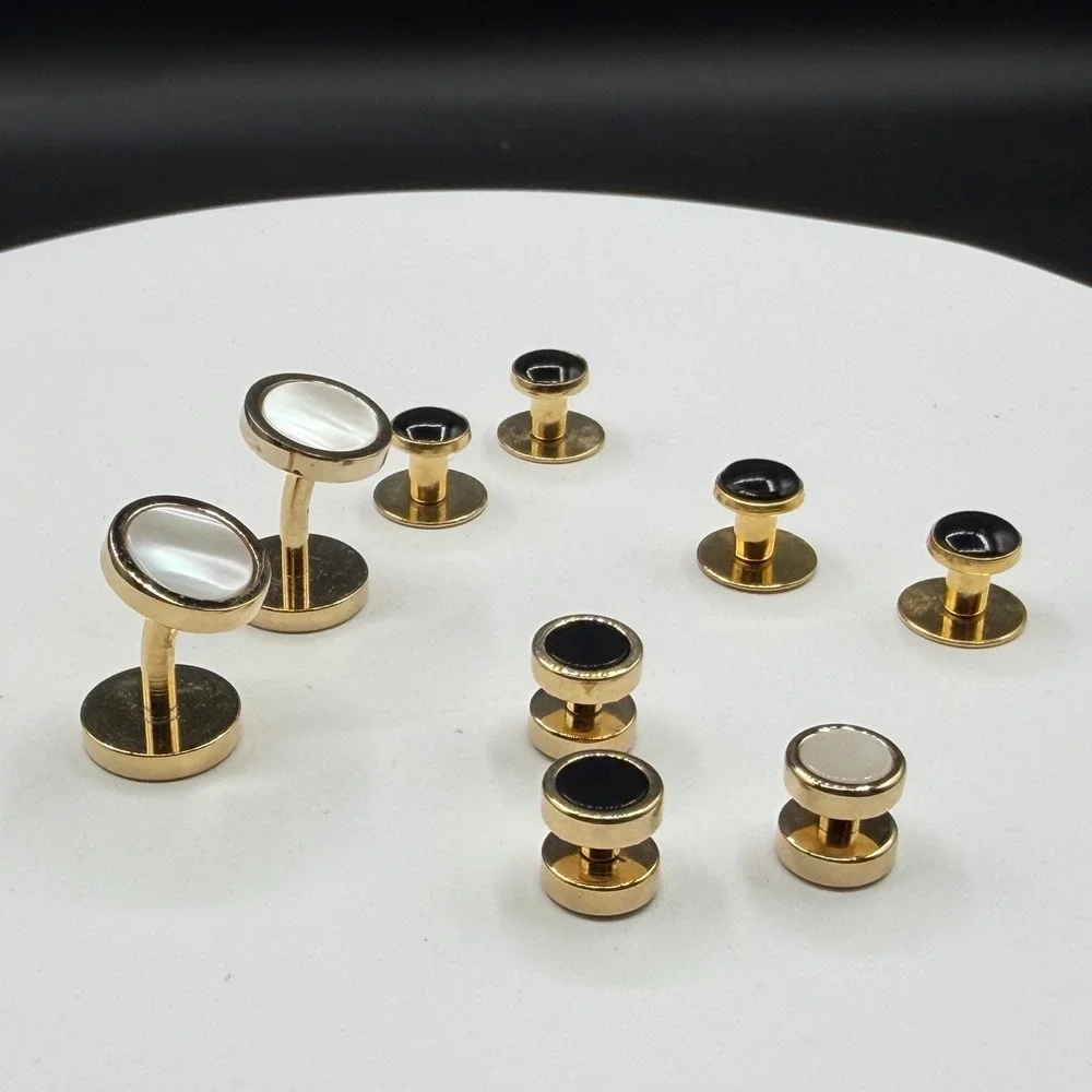 Gold Tone Tuxedo Stud Cufflink Set Black Mother of Pearl Formal Dress Shirt